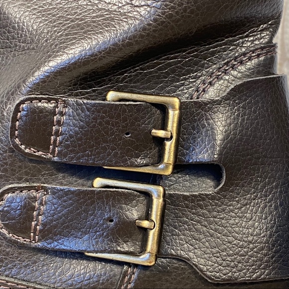 CLARKS Brown Synt Tall Leather Riding Boots stretch WIDE CALF easy-on/off 2090 - Picture 8 of 8